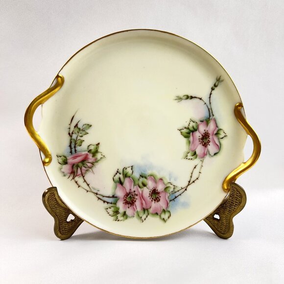 Antique P.S. Germany Hand-Painted Porcelain Plate Pink Floral Gold Trim Signed - Picture 1 of 10